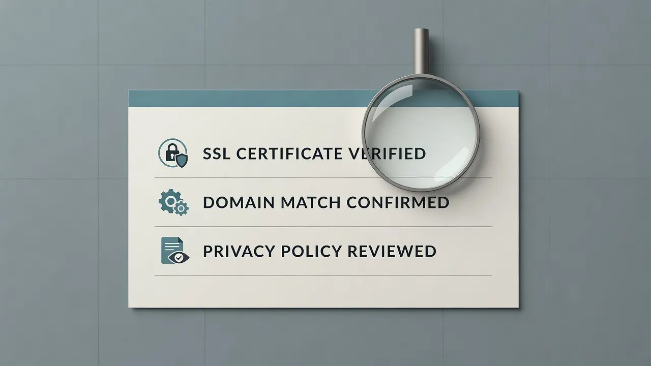 개인정보 입력 전 SSL, 도메인 일치, 개인정보 보호정책을 확인하는 체크리스트 이미지